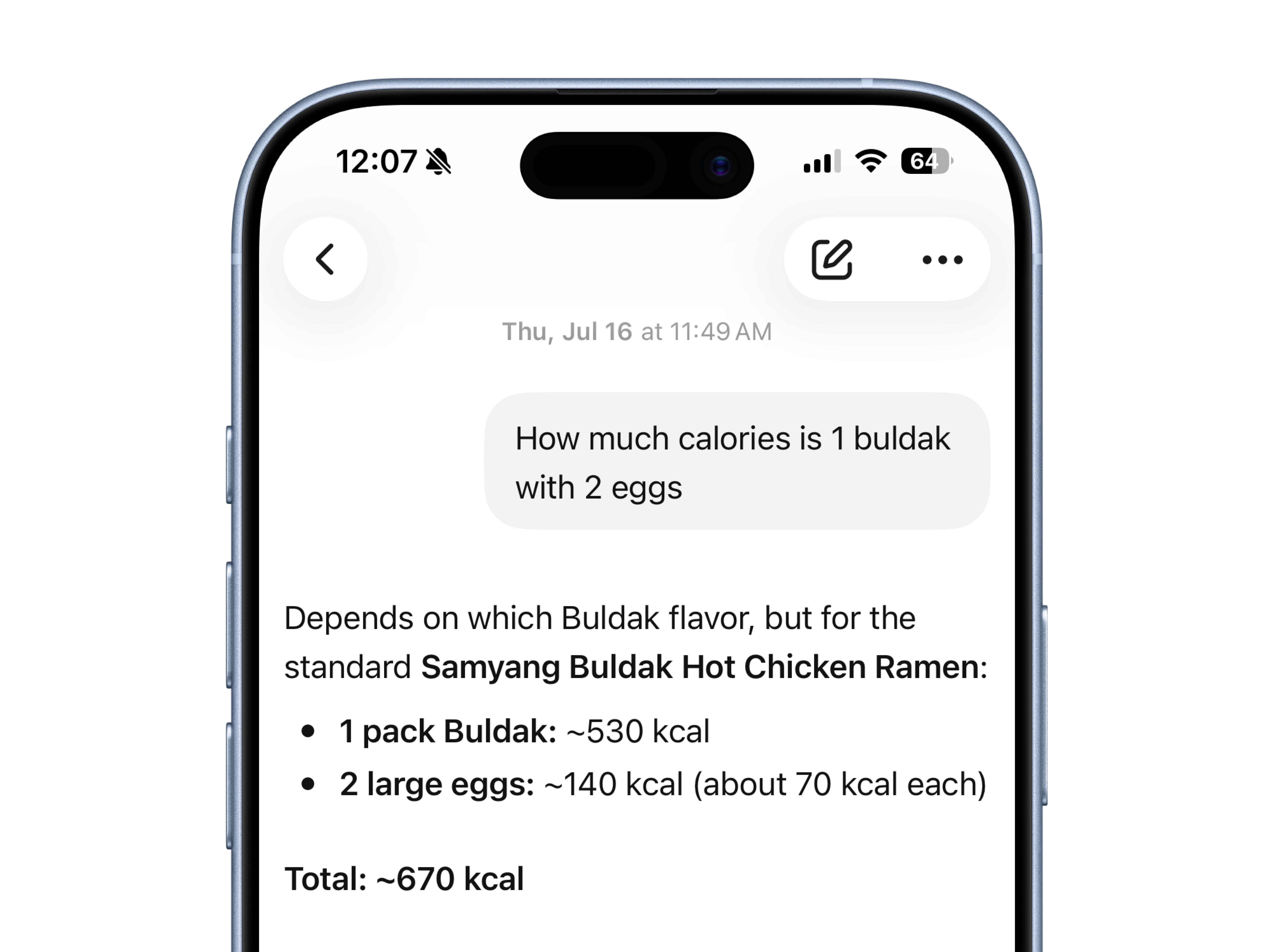 iPhone screen showing a question asked to NutriCopilot: How much calories is 1 buldak with 2 eggs, with a breakdown of totals and macros.